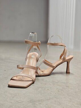 Strappy Nude Beige High Heel Sandals With Square Toe & Adjustable Ankle Strap Fo